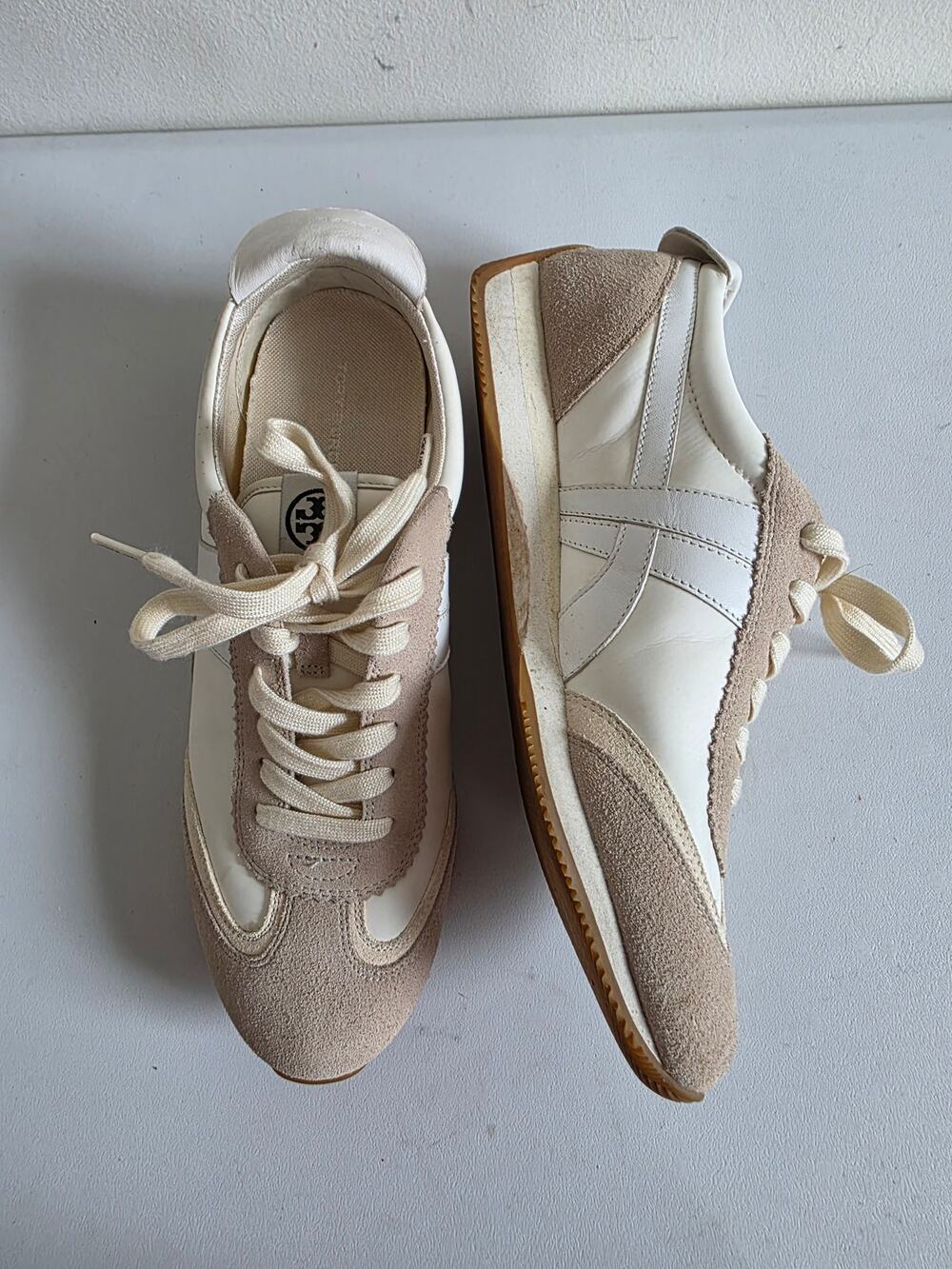 Tory Burch Hank Logo Leather Suede Lace Up Sneakers White Beige Size 10 - Picture 1 of 10